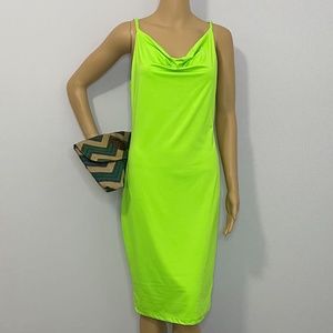 Y2K electric green adjustable spaghetti strap cowl neck sheath spandex dress!